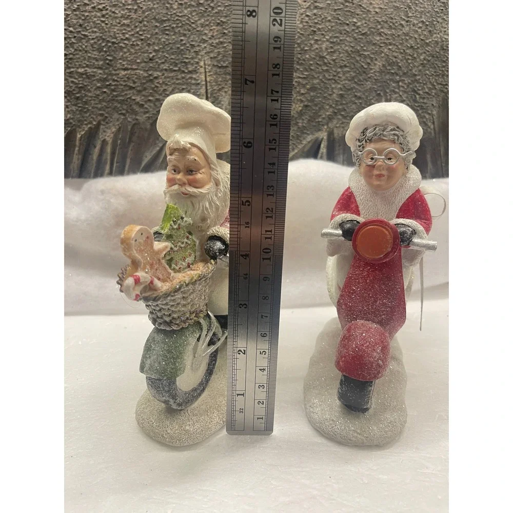 Valerie Parr Hill Santa and Mrs Claus Chef on Scooter Motorcycle Figurines Set